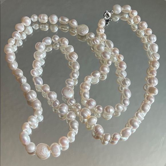 AUTHENTIC Freshwater Round and Flat Pearl Necklace 925 Sterling Clasp 36” NWT